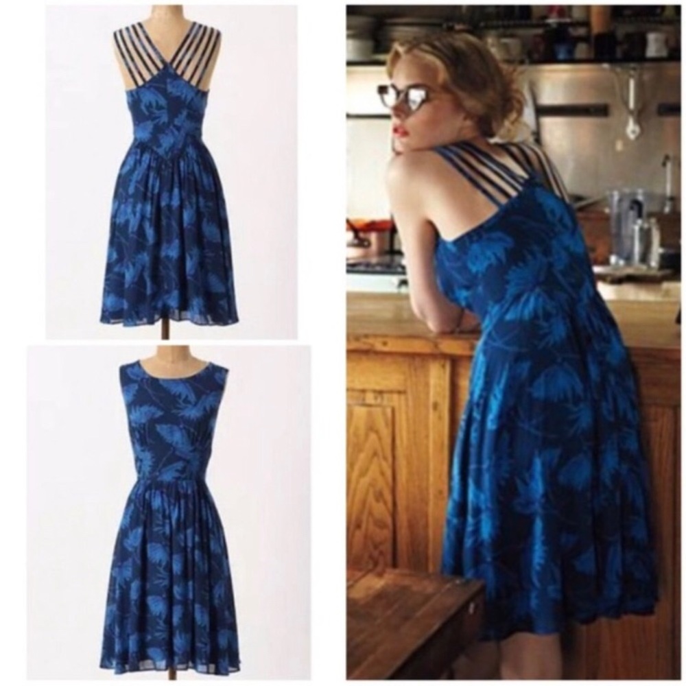 MAPLE BY ANTHROPOLOGIE 2 TONE BLUE FLORAL DRESS • DANDELION PRINT • Sz 0